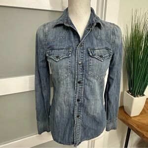 Madewell Denim Button Up Shirt Long Sleeve Snap Button SZ XSmall Blue Western
